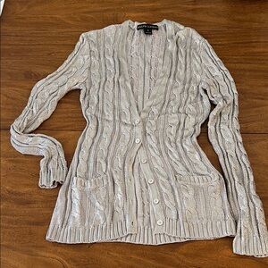 Ralph Lauren Silver Metallic Cable Knit Button-Front Cardigan